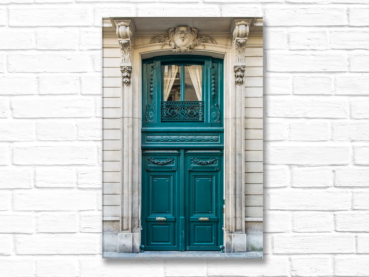 Paris canvas wall art, teal door with window above