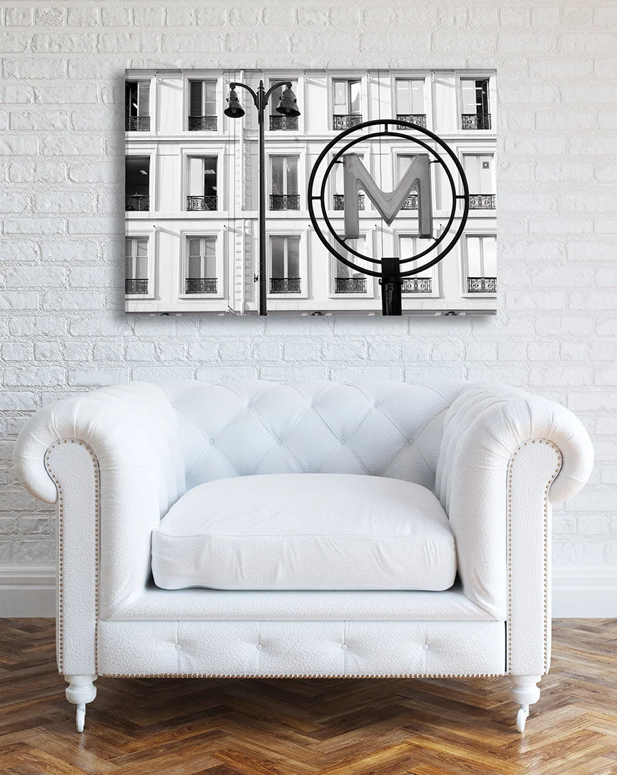 Paris canvas wall art, Metro sign Hotel de Ville black and white on wall