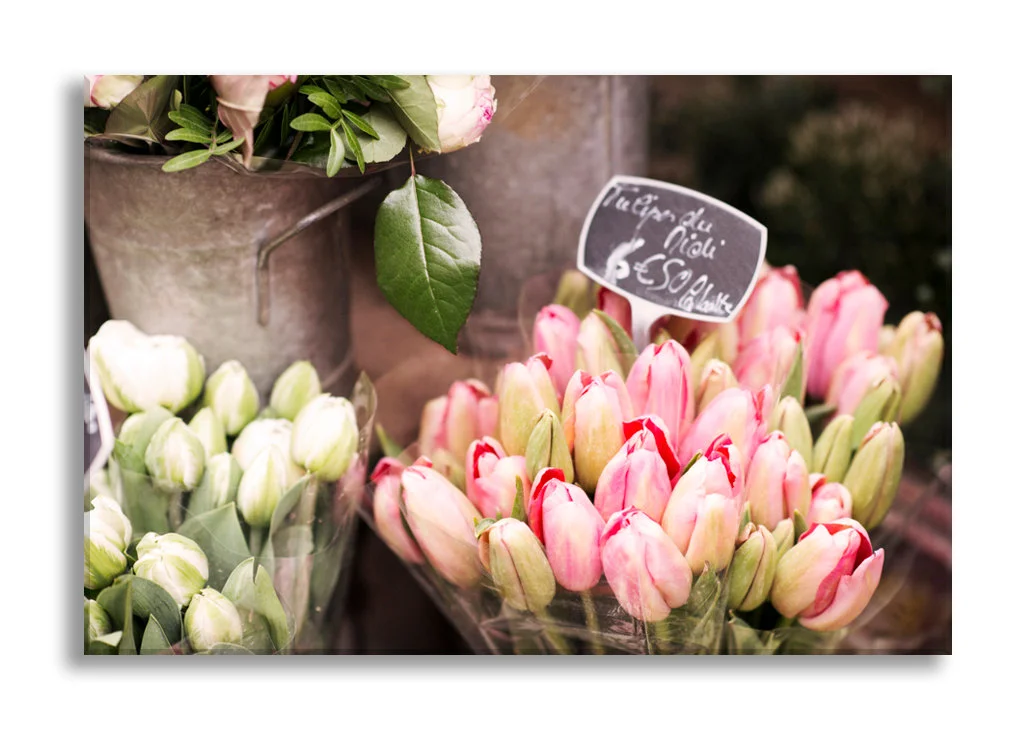 Paris canvas wall art, pink tulips in a Paris market