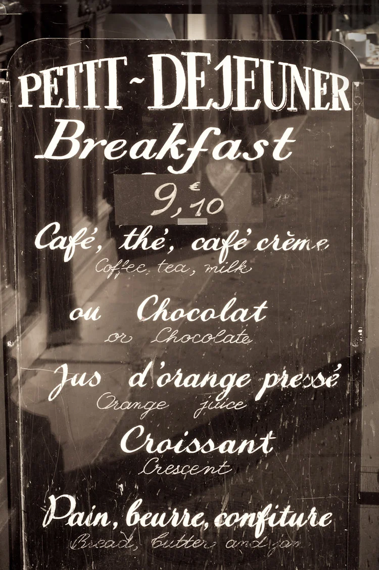 Paris pictures, Petit-Dejeuner cafe menu, black and white