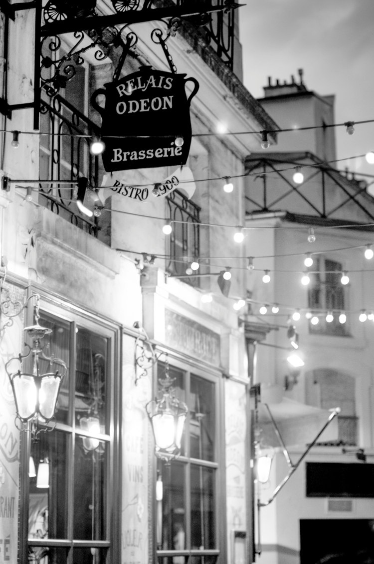 Copy of Paris pictures, the Odeon bistro at night, (vertical) black and white print