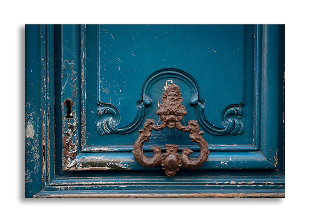 Paris canvas art, blue door detail with ornate knocker