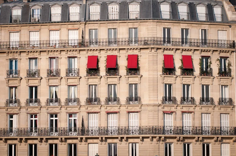 Paris pictures, red awnings on building, fine art photography print