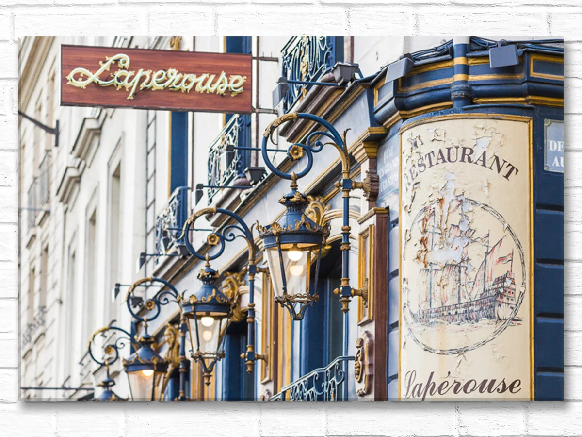 Paris canvas wall art, La Perouse restaurant sign and lights (horizontal)