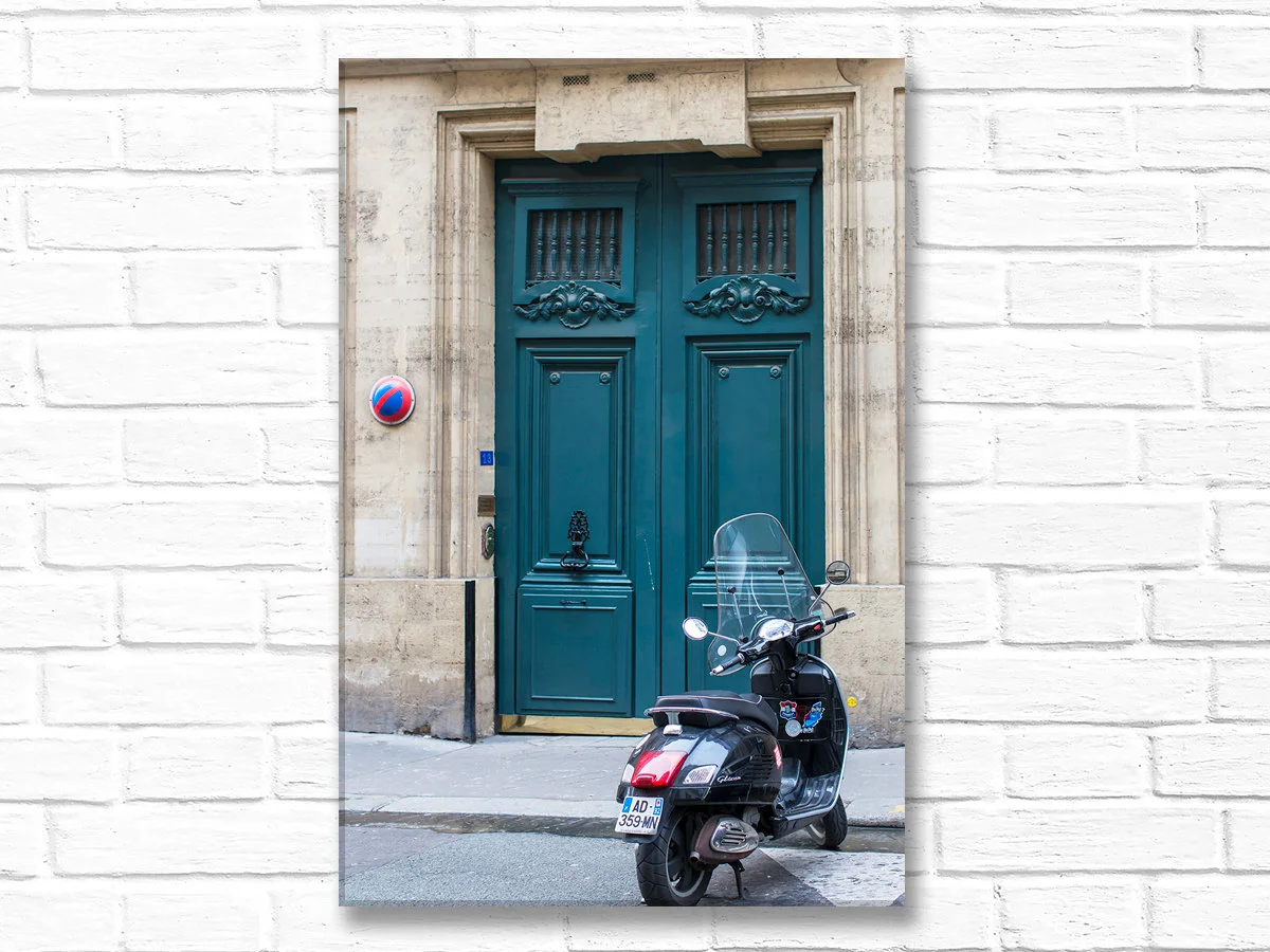 Paris canvas art, blue door with scooter