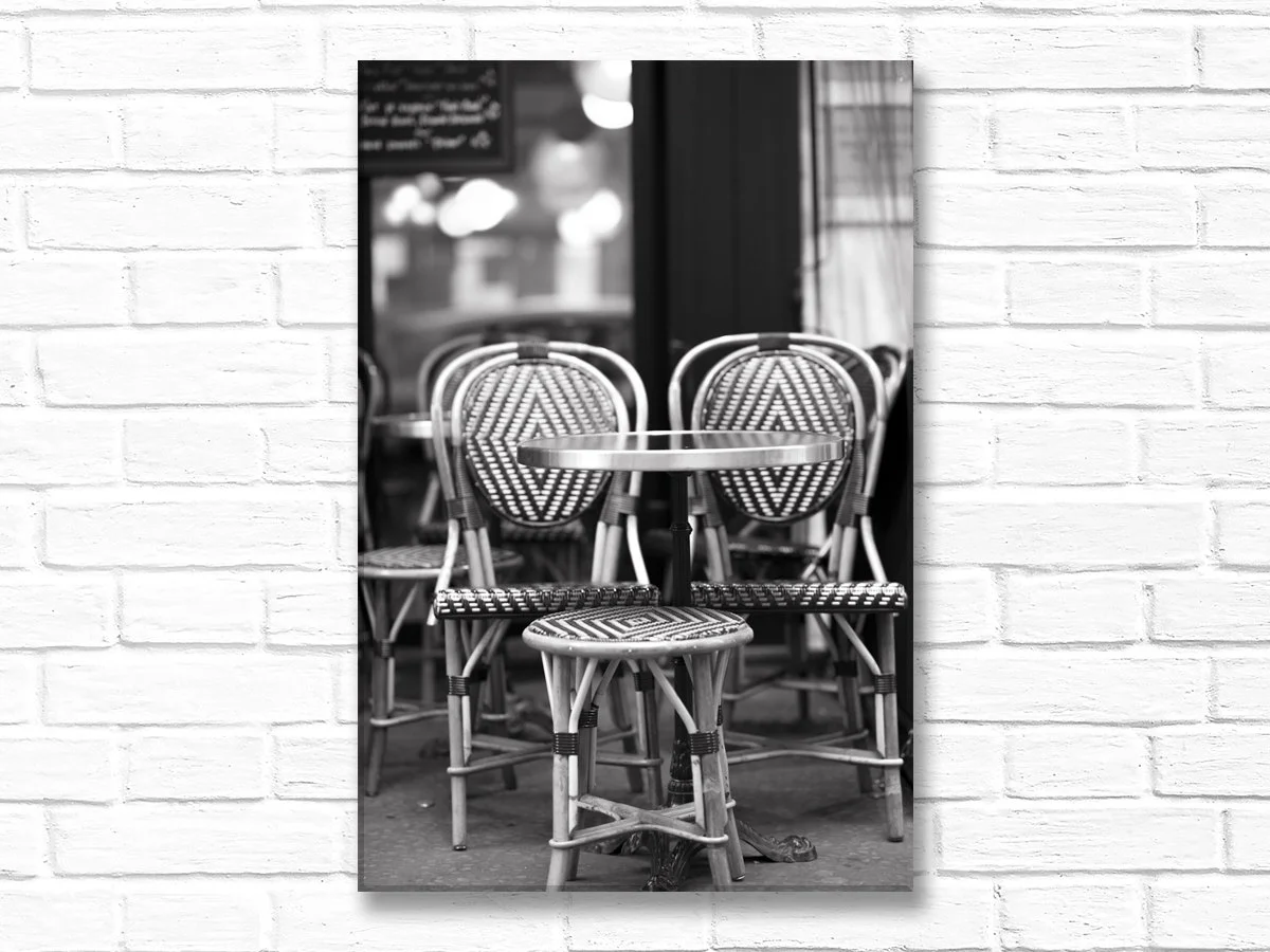 Paris canvas wall art, cafe table and chairs, black and white