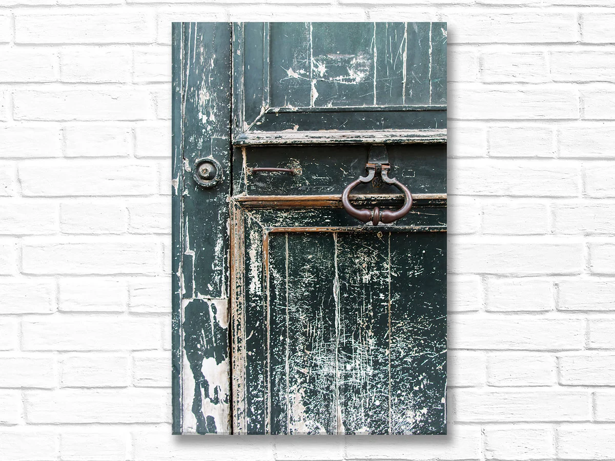 Paris canvas wall art, worn teal door