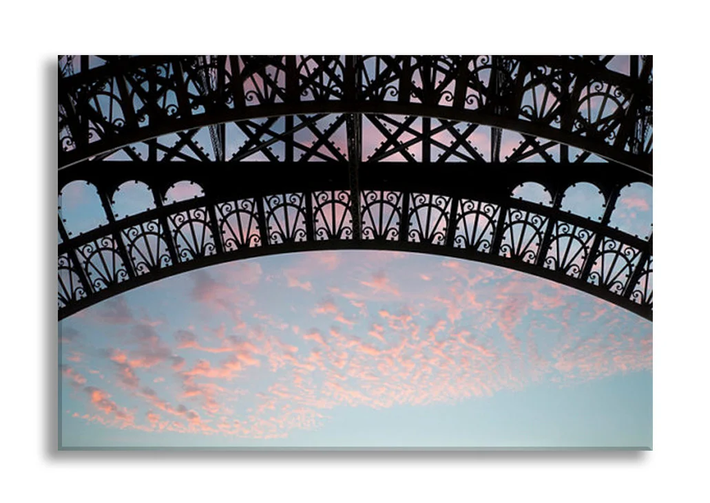 Paris canvas art, section of Eiffel Tower with pink sky