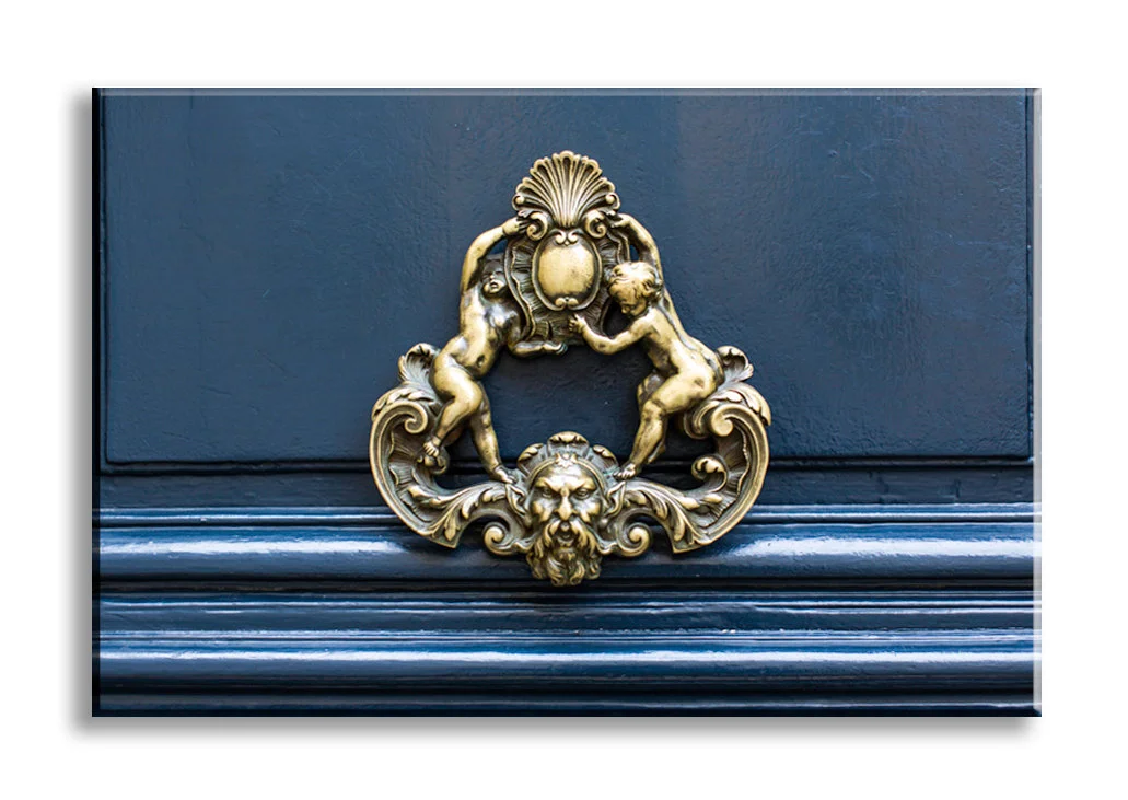 Paris canvas art, blue door with ornate brass knocker