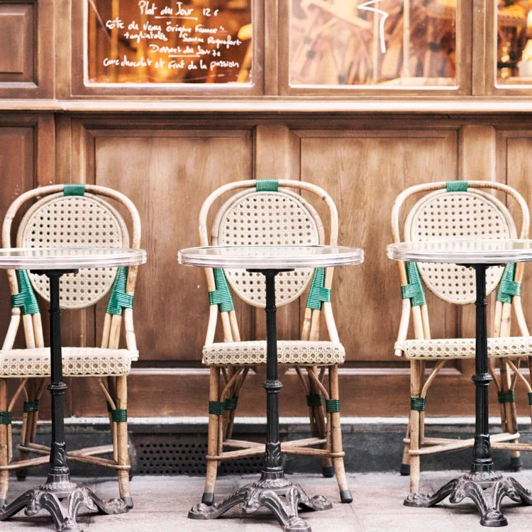 Paris pictures, individual cafe tables and chairs, fine art photography print detail