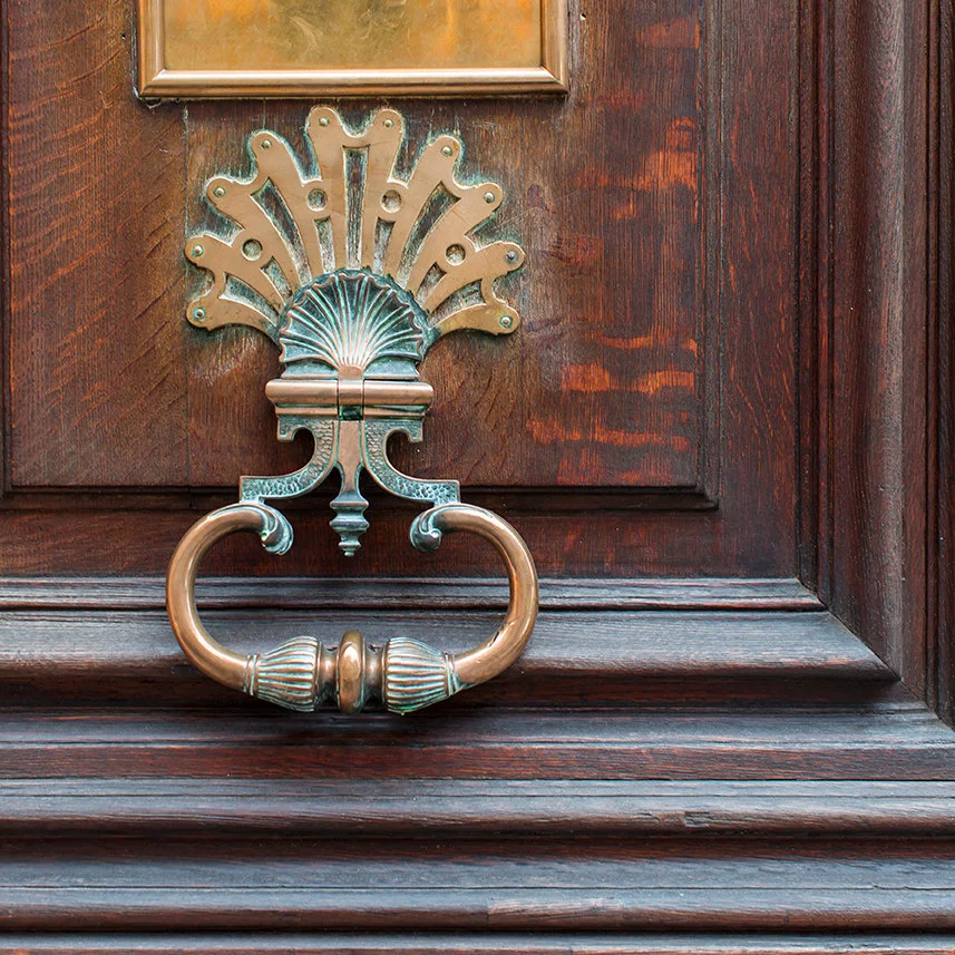 Paris pictures, Brass Door Knocker on Brown Door, fine art print, square
