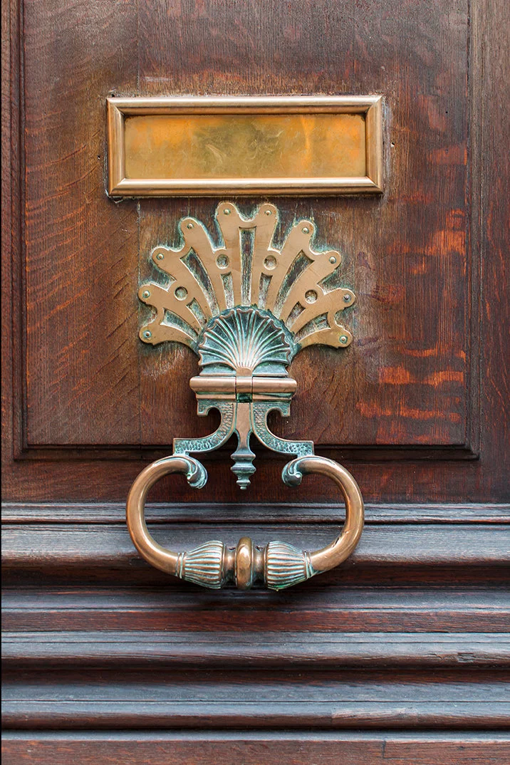 Paris pictures, Brass Door Knocker on Brown Door, fine art photography print, vertical