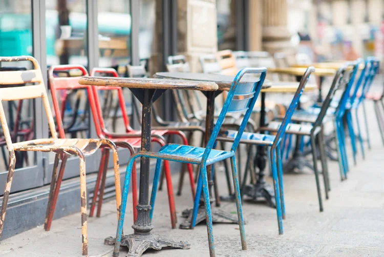 Paris pictures, colorful cafe tables and chairs
