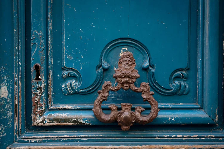 Paris pictures, blue door detail, ornate door knocker