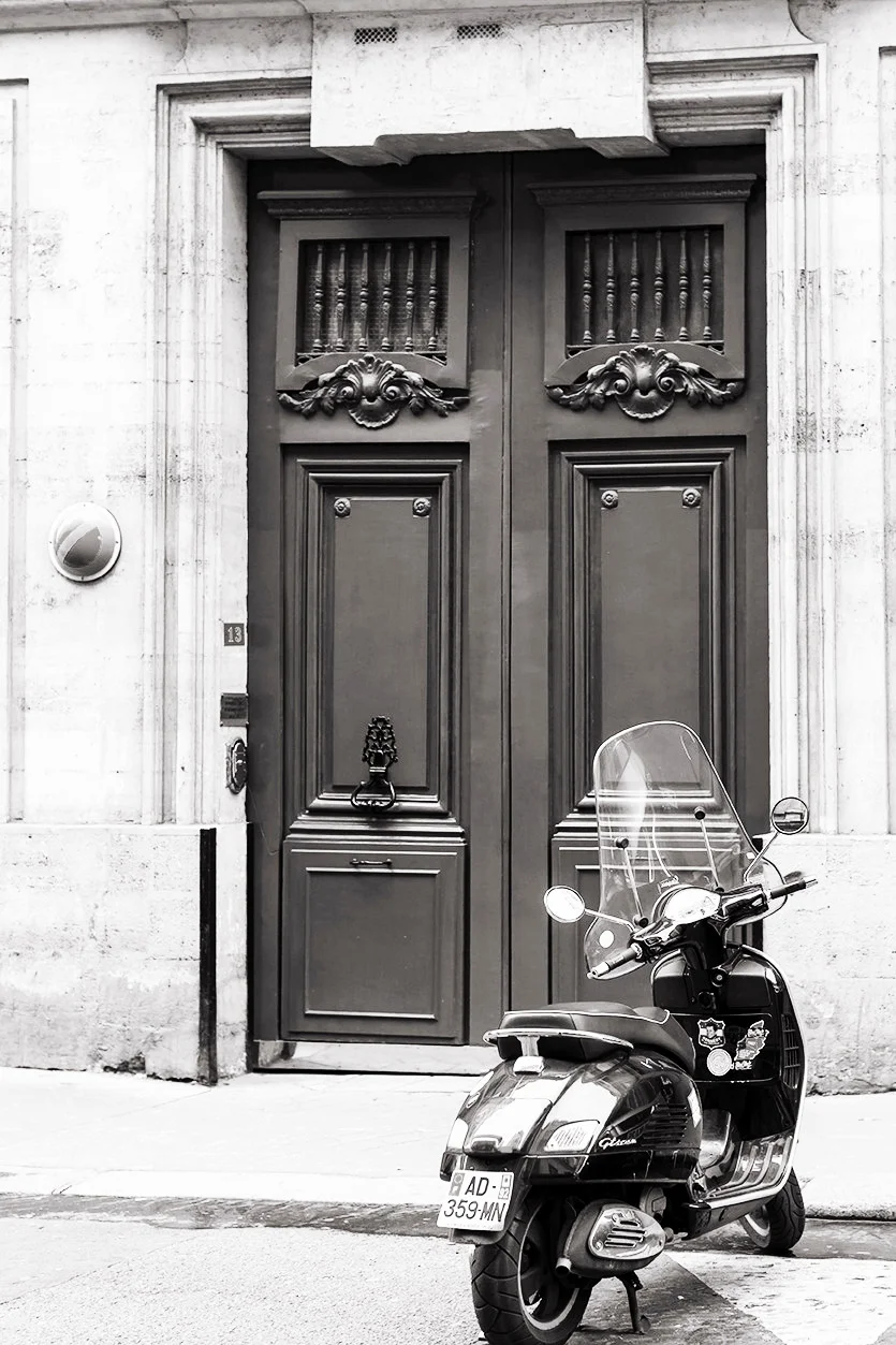 Paris pictures, door with scooter, black and white print