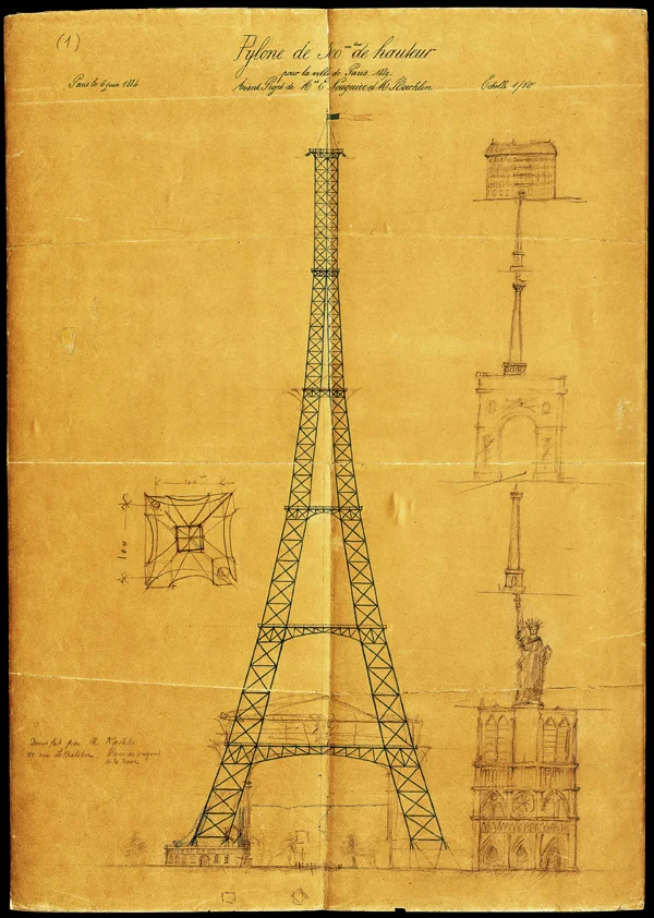 The first drawing of what eventually became the Eiffel Tower, by Maurice Koechlin. The drawing includes comparisons to other Paris landmarks such as Notre Dame de Paris, the Statue of Liberty and the Vendôme Column.