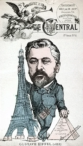 Caricature of Gustave Eiffel with the tower and an Egyptian pyramid, to which he compared it.