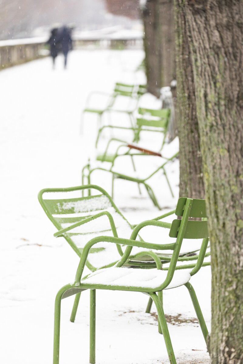 Green Chairs in the Snow, Tuileries