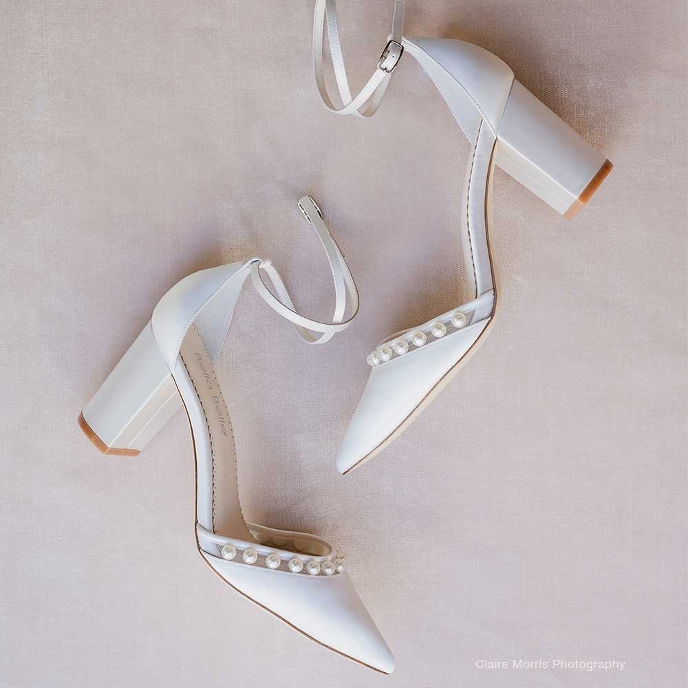 Double Ankle Strap Pearl Accent Block Heel Wedding Shoes