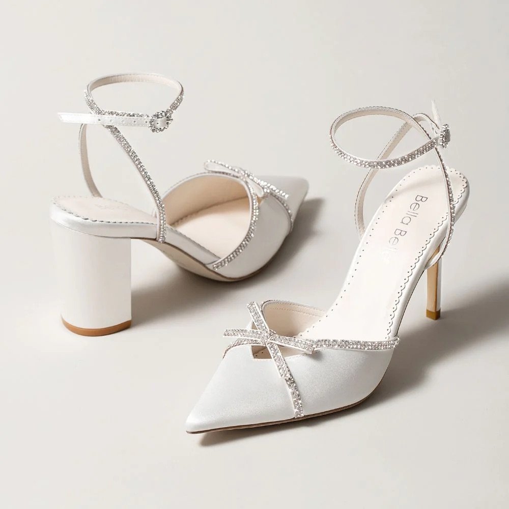 Ivory Bridal Block Heels with Crystal Bows, Trim and Straps