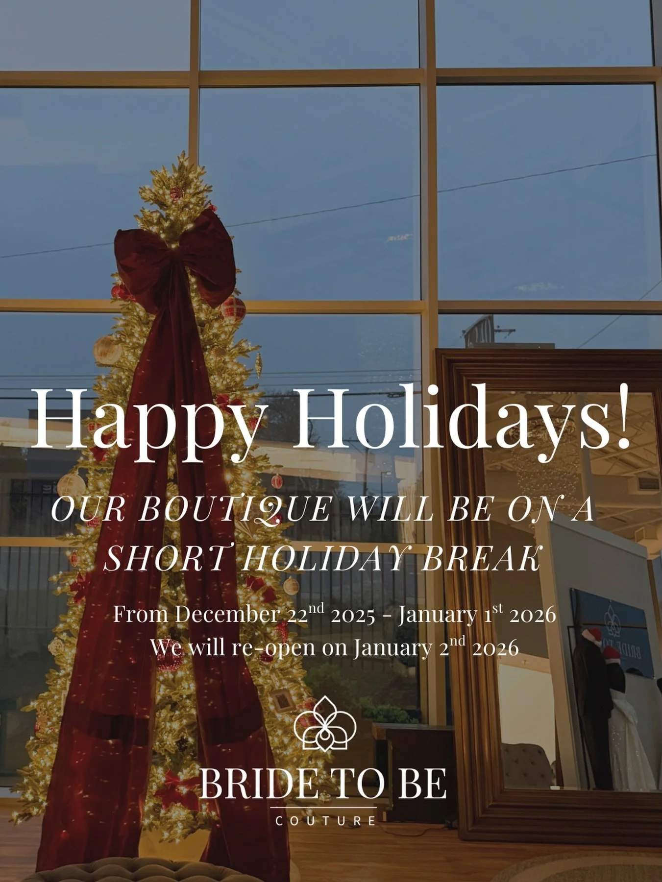 Wishing our beautiful bridal community a season filled with love, celebration, and quiet moments to savor.✨
Our boutique will be taking a short holiday pause as we celebrate the season with our team and loved ones. We look forward to welcoming you ba