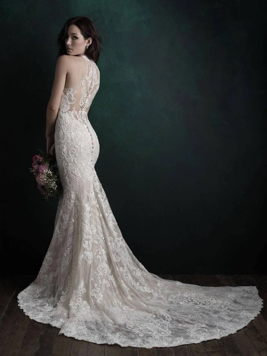 Beaded Halter Mermaid Wedding Dress with Illusion Back