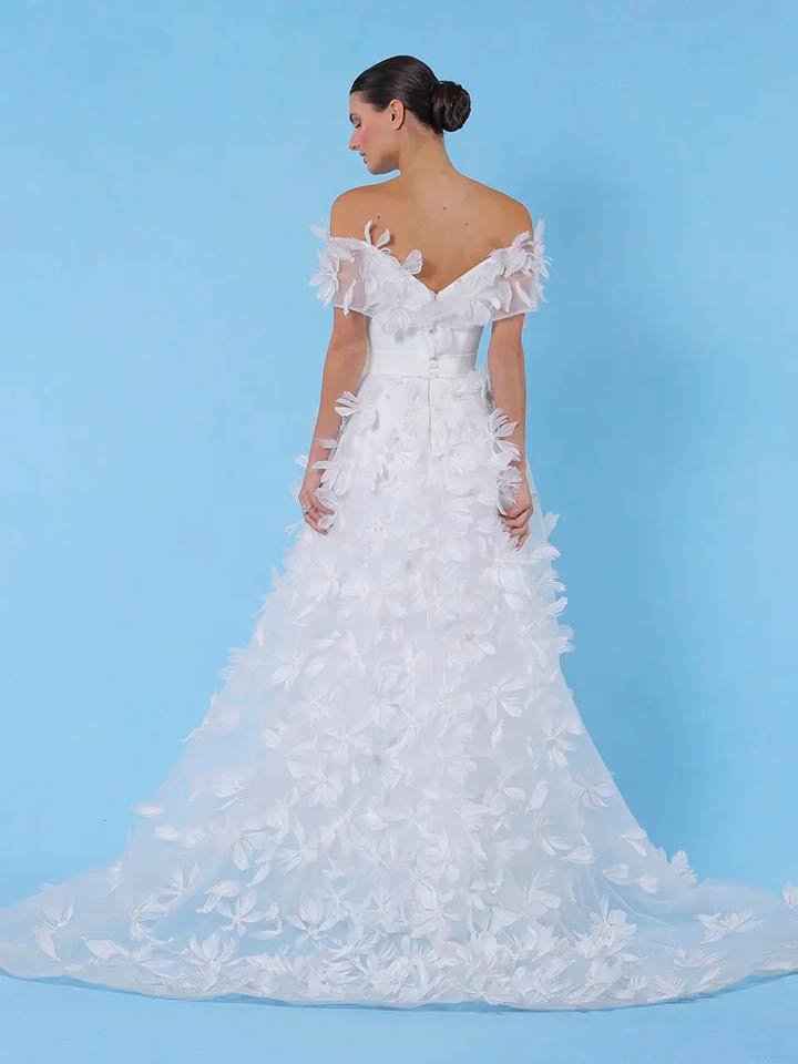 Off-the-Shoulder Organza Ballgown with Feathered 3D Flowers