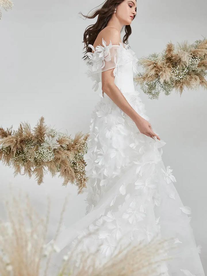 Off-the-Shoulder Organza Ballgown with Feathered 3D Flowers