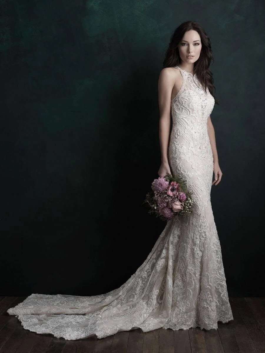 Beaded Halter Mermaid Wedding Dress with Illusion Back