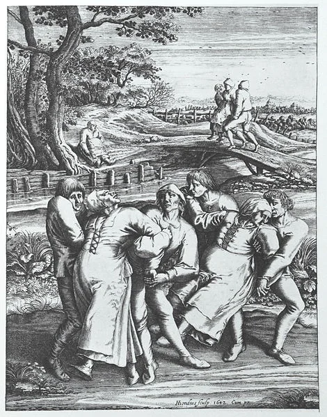 Engraving of a dancing plague by Hendrik Hondius after a drawing by Pieter Brueghel the Elder