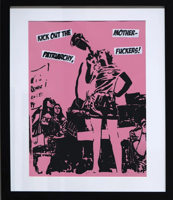 "Kick Out the Patriarchy," screen print and collage on paper, 26" x 22" (framed), 2017. Sold.