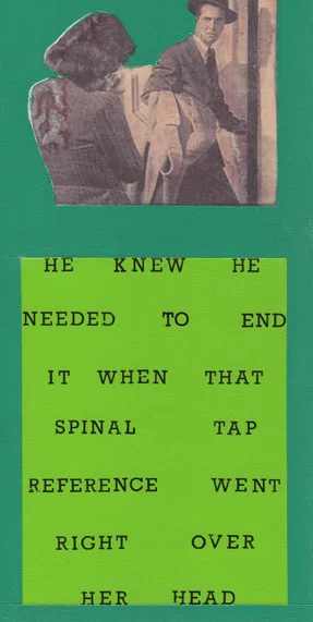 "Spinal Tap," acrylic, collage, and rub-on lettering on panel, 10" x 5," 2012. SOLD.