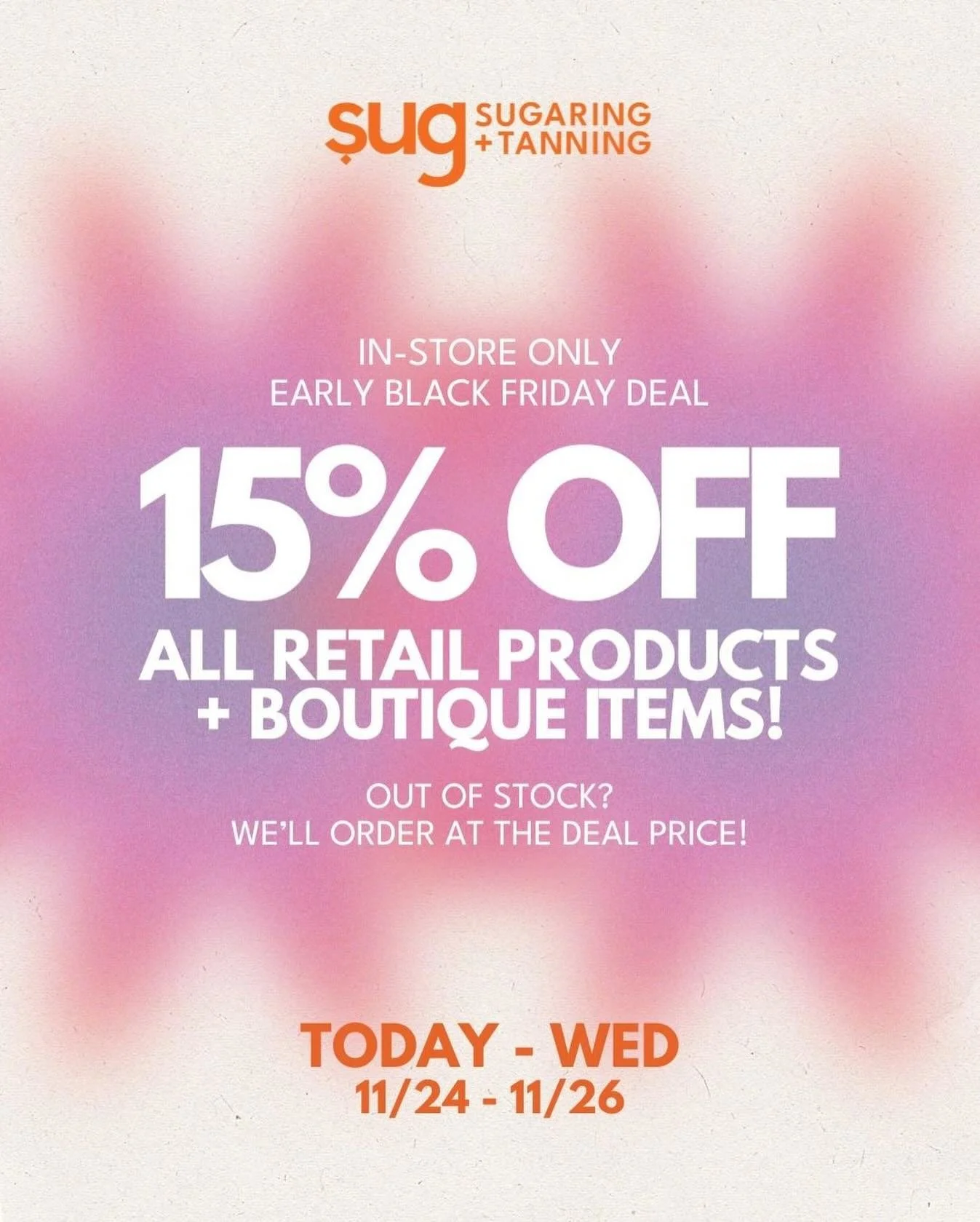 Your glow routine just got sweeter, Sug! 🍯✨

From today through Wednesday, take 15% off all in-store products and boutique pieces! 

Treat yourself, upgrade your routine, or grab a little something for someone you love. ✨