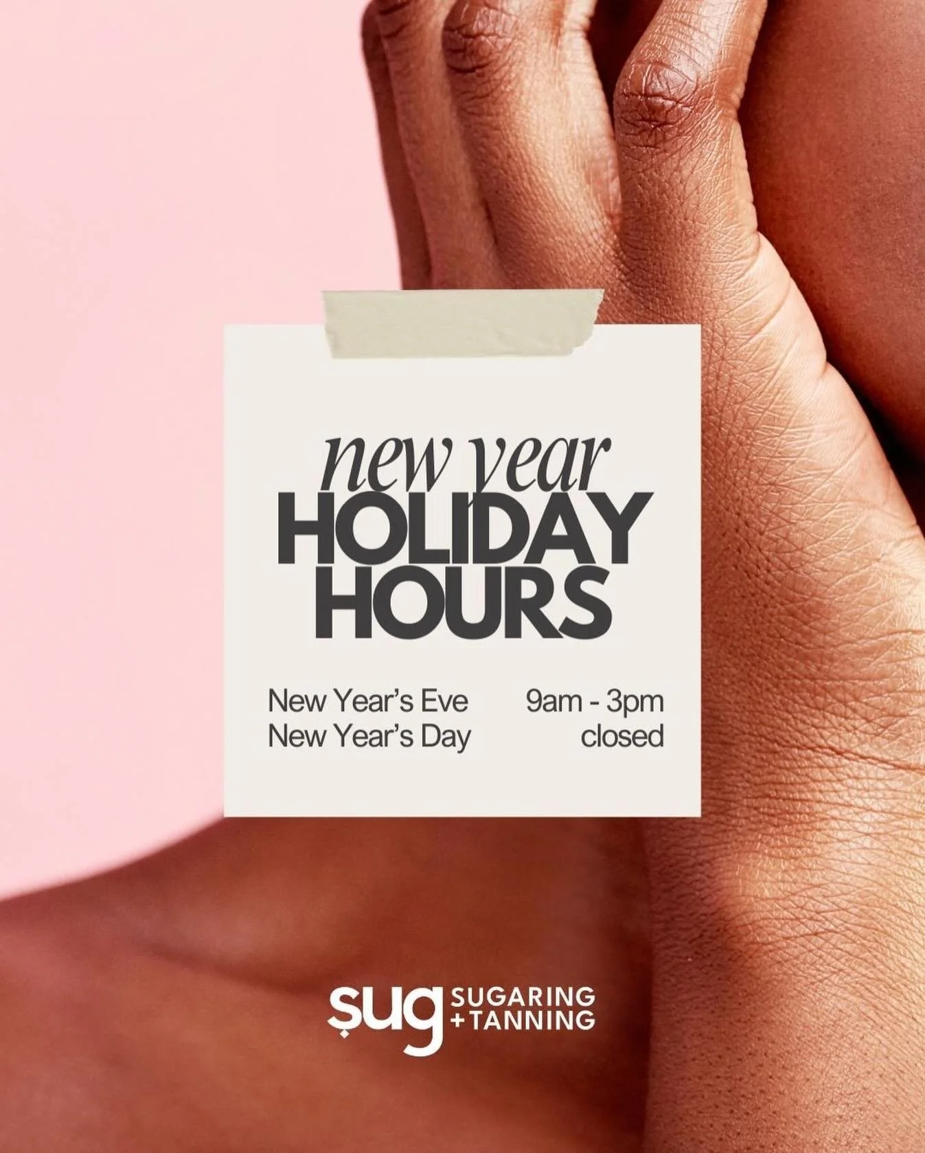 A soft reset before the new year ✨

🕘 New Year&rsquo;s Eve: 9am&ndash;3pm
✨ New Year&rsquo;s Day: Closed

Book ahead if you want to start the year smooth, bronzed, and glowing 💫