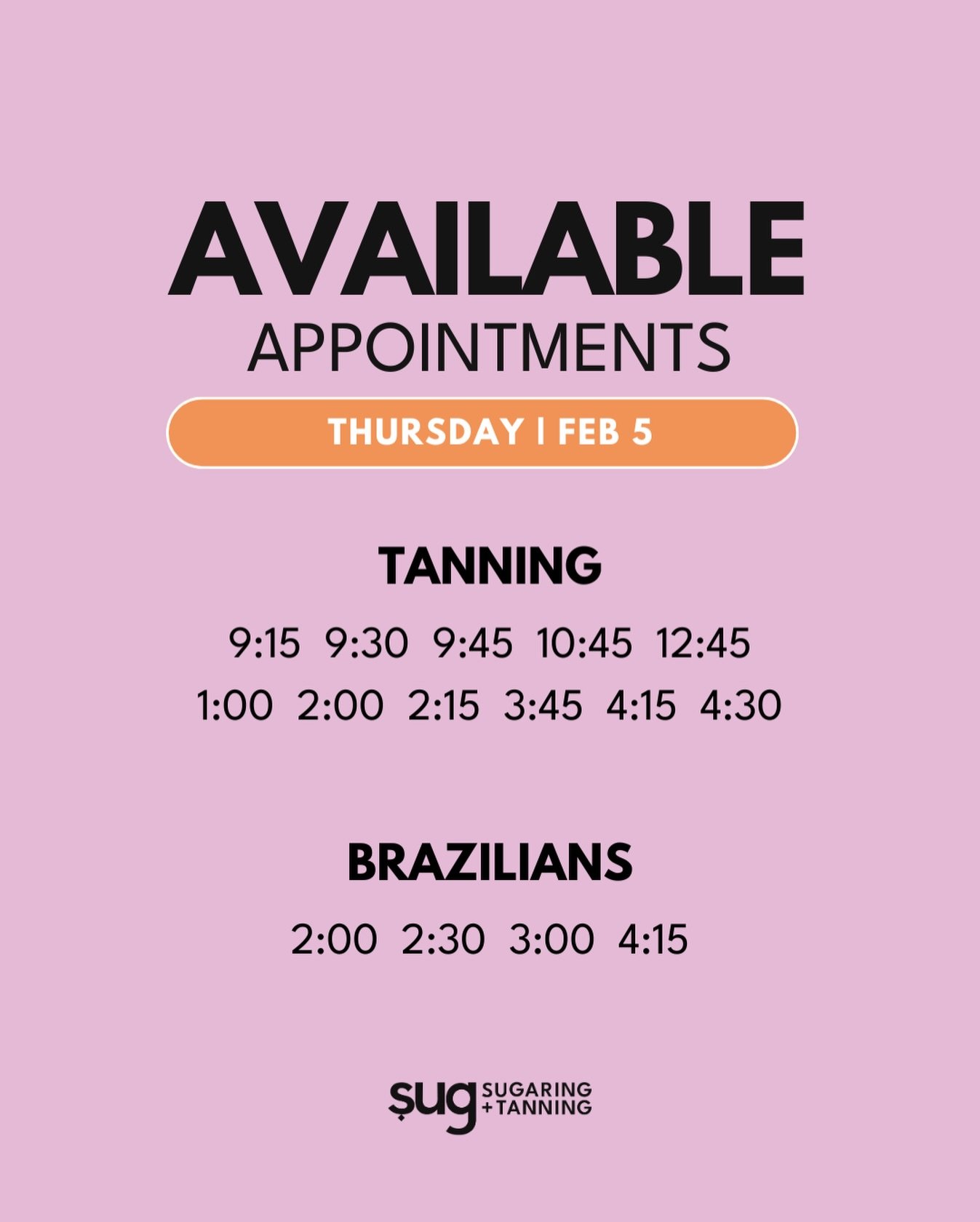 Last-minute glow-ups are calling ☎️✨ Open appointments tomorrow (Feb 5) for tanning + brazilians 

Whether you&rsquo;re getting Valentine&rsquo;s Day ready 💘 or Mardi Gras ready 💜💛💚, now&rsquo;s the time.

Snag your spot before they&rsquo;re gone