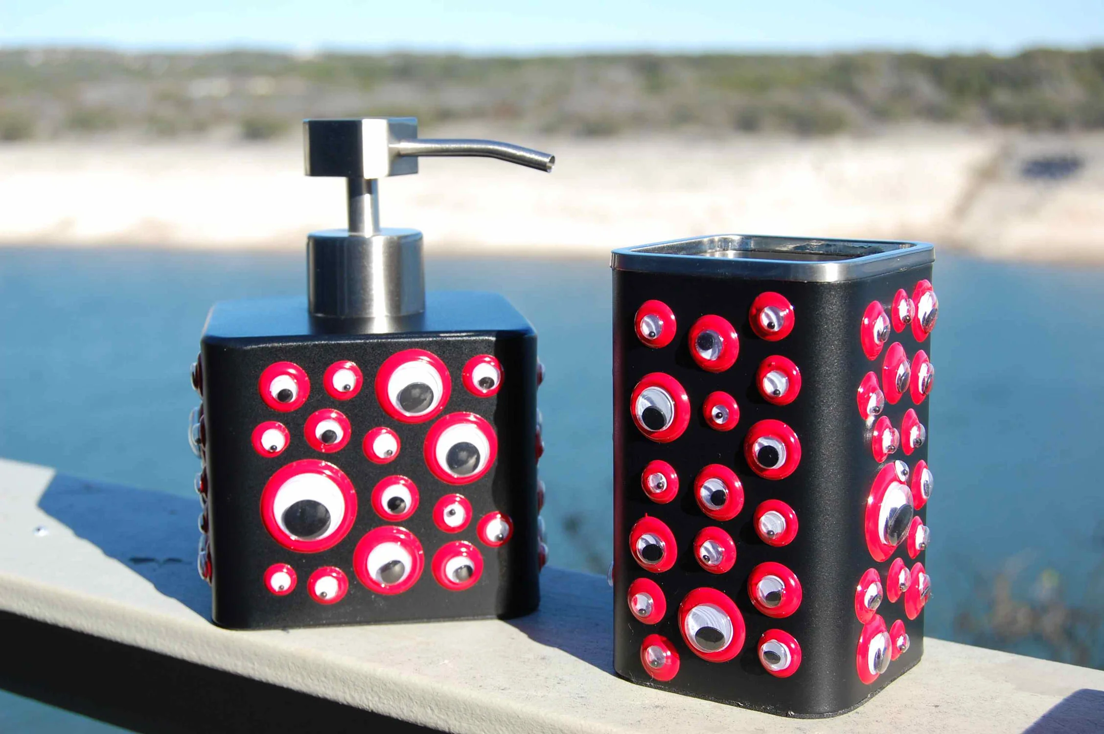 Googly Eye Soap Dispenser and Cup - Black with red