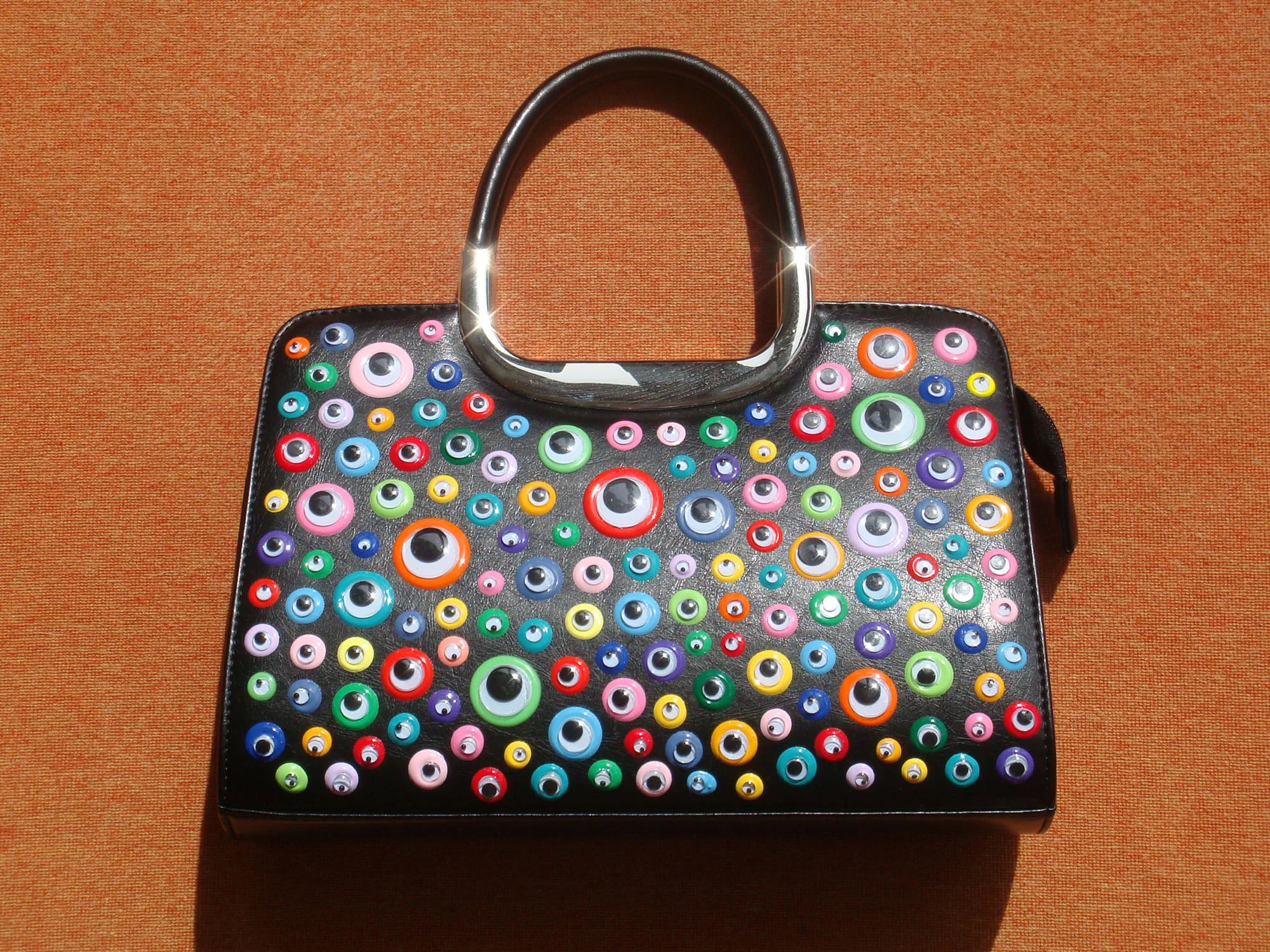 Googly Eye Black Purse - Multicolor - Stiff Handles