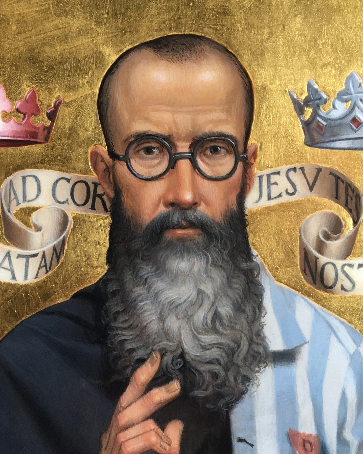 We are happy to have new prints available at the studio printshop. The first, St Maximilian Kolbe, Franciscan priest, champion of our Lady, martyr. 

The banderole reads &lt;Per Immaculatam ad cor Jesu tessera nostra est.&gt; - Through the Immaculata