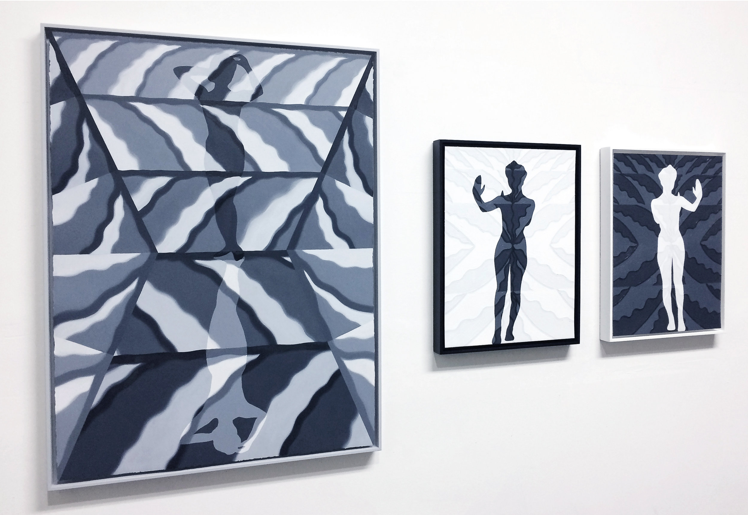  Installation view, from left:   Mirror Cloud, Standing Figure I,&nbsp; and &nbsp;Reflection I,&nbsp;Reflection II  