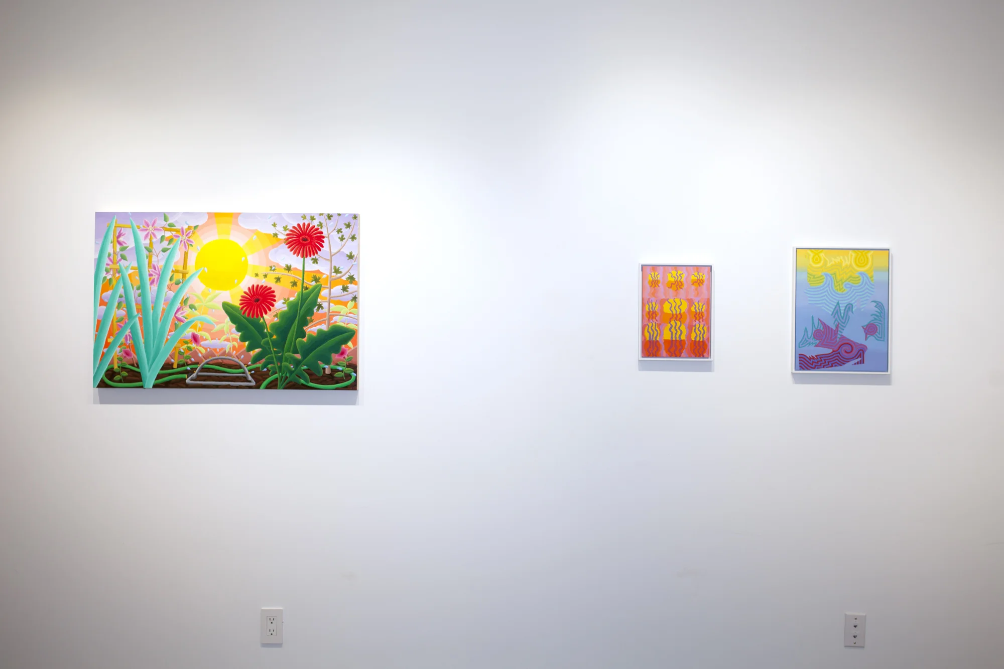 Left to right: Amy Lincoln, Sprinkler , 2018, acrylic on panel, 24 x 36 inches Caetlynn Booth, Swamp Wiggle Study , 2017, oil on paper, 13 x 10 inches framed Caetlynn Booth, Sunrise Study 5 , 2019, oil on paper, 17 x 13 inches framed