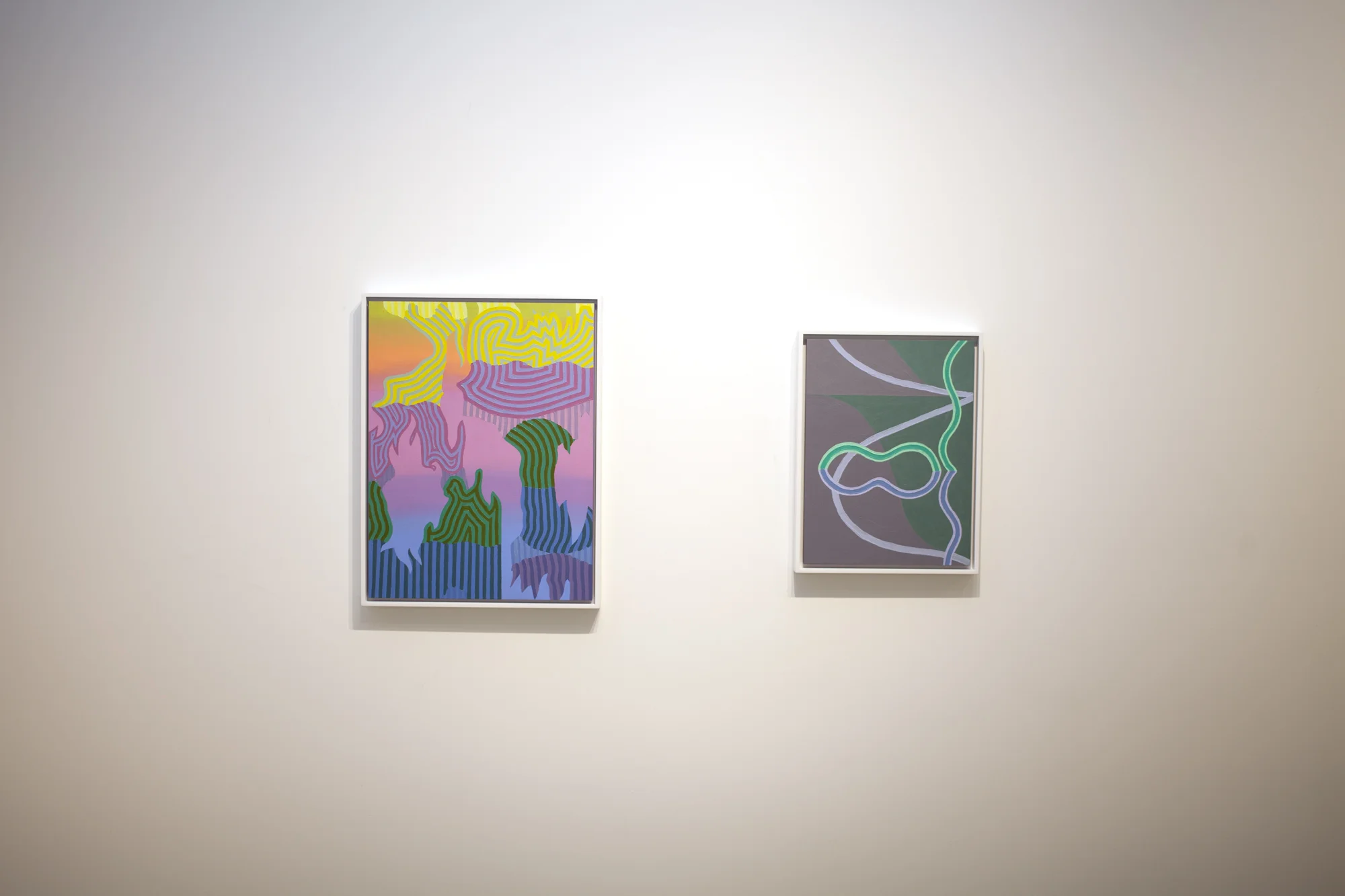 From left to right: Caetlynn Booth, Sunrise Study 2 , 2019, oil on paper, 17 x 13 inches framed Caetlynn Booth, Synchronized Mirror II , Study 1, 2018, oil on paper, 13 x 10 inches framed