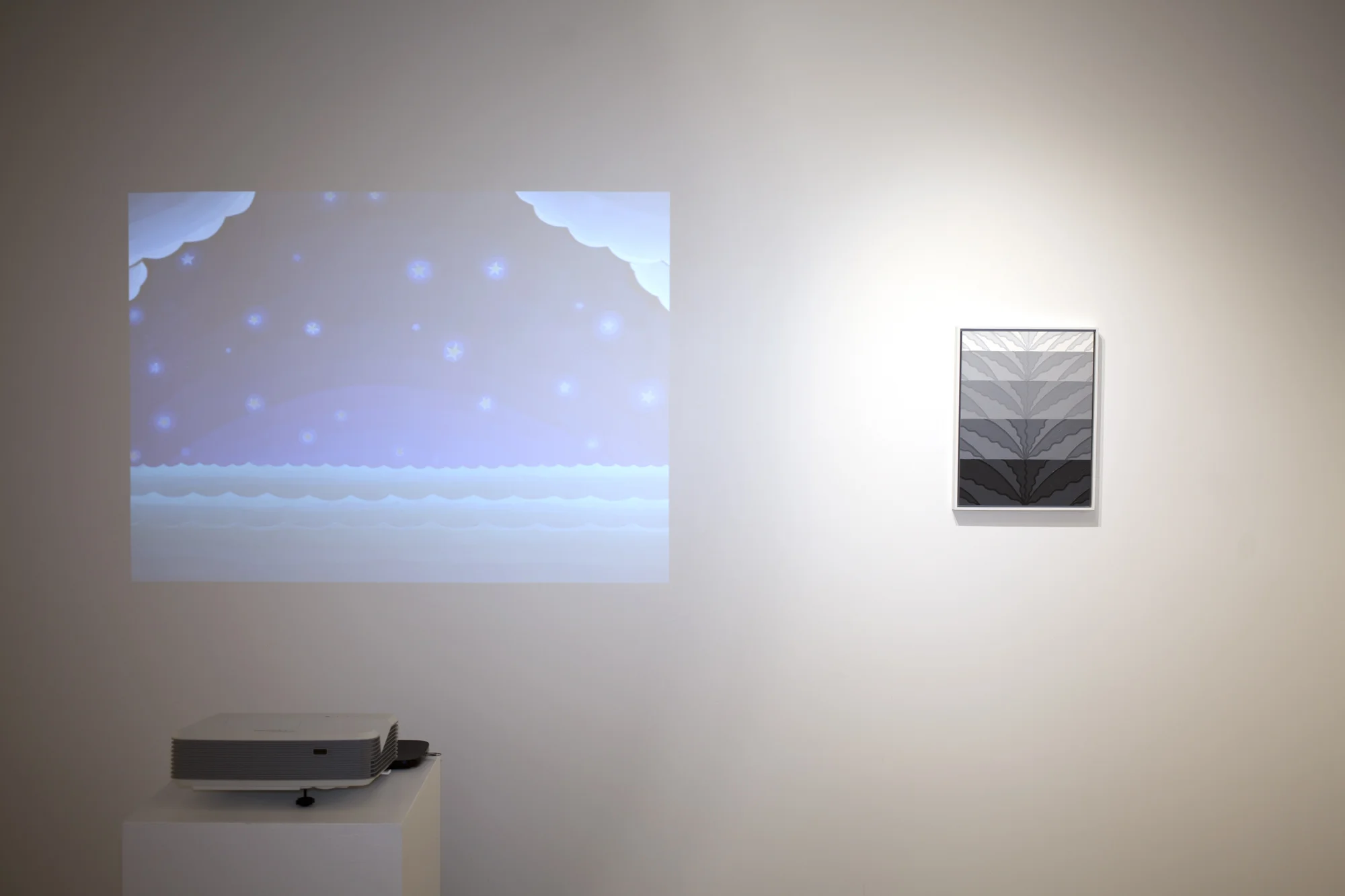 Left to right: Amy Lincoln, Sun, Sea, Sky , Stop motion animation, 3 minutes 40 seconds, 2019 Caetlynn Booth, Splash Study , 2017, oil on paper, 17 x 13 inches framed