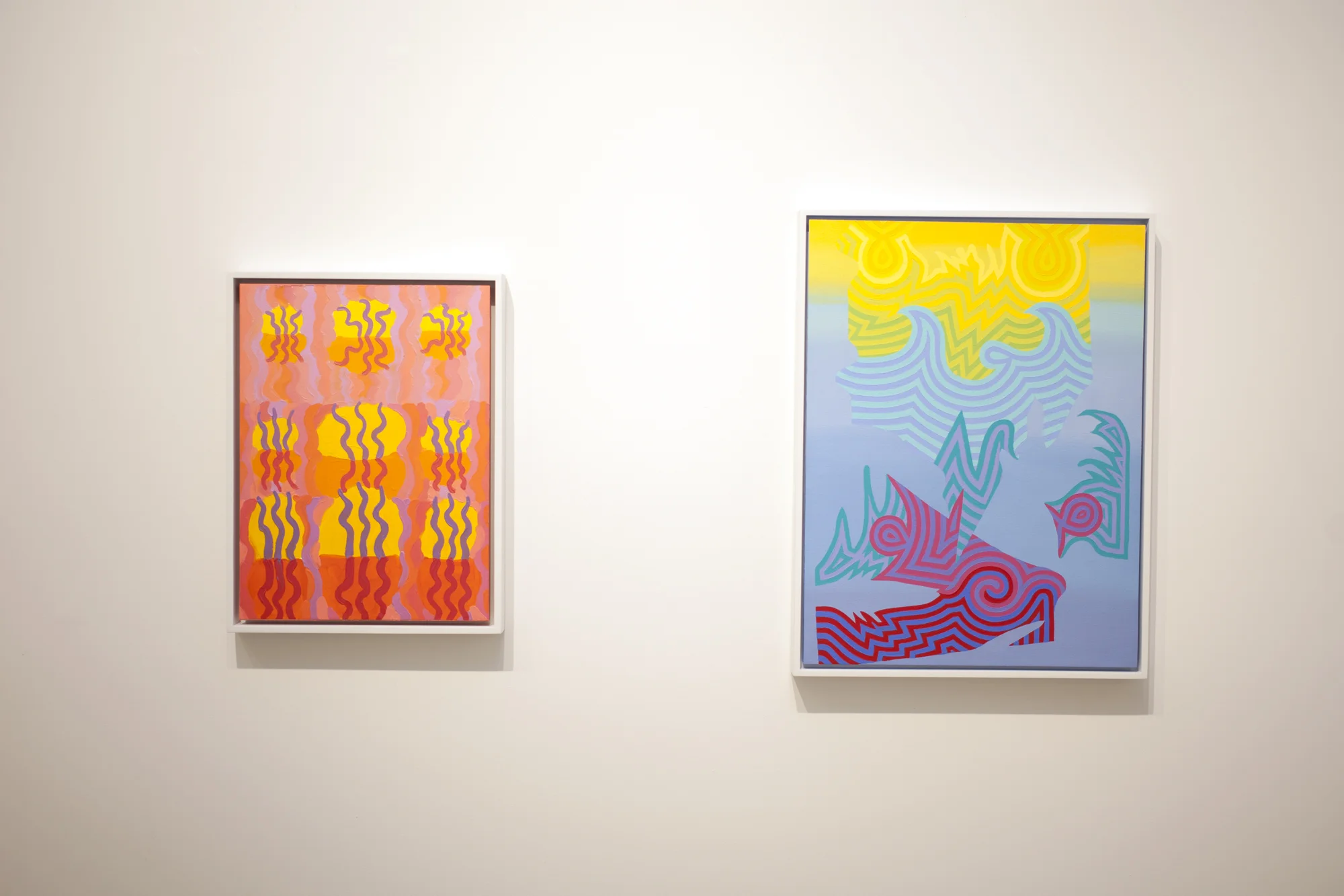 Left to right: Caetlynn Booth, Swamp Wiggle Study , 2017, oil on paper, 13 x 10 inches framed Caetlynn Booth, Sunrise Study 5 , 2019, oil on paper, 17 x 13 inches framed