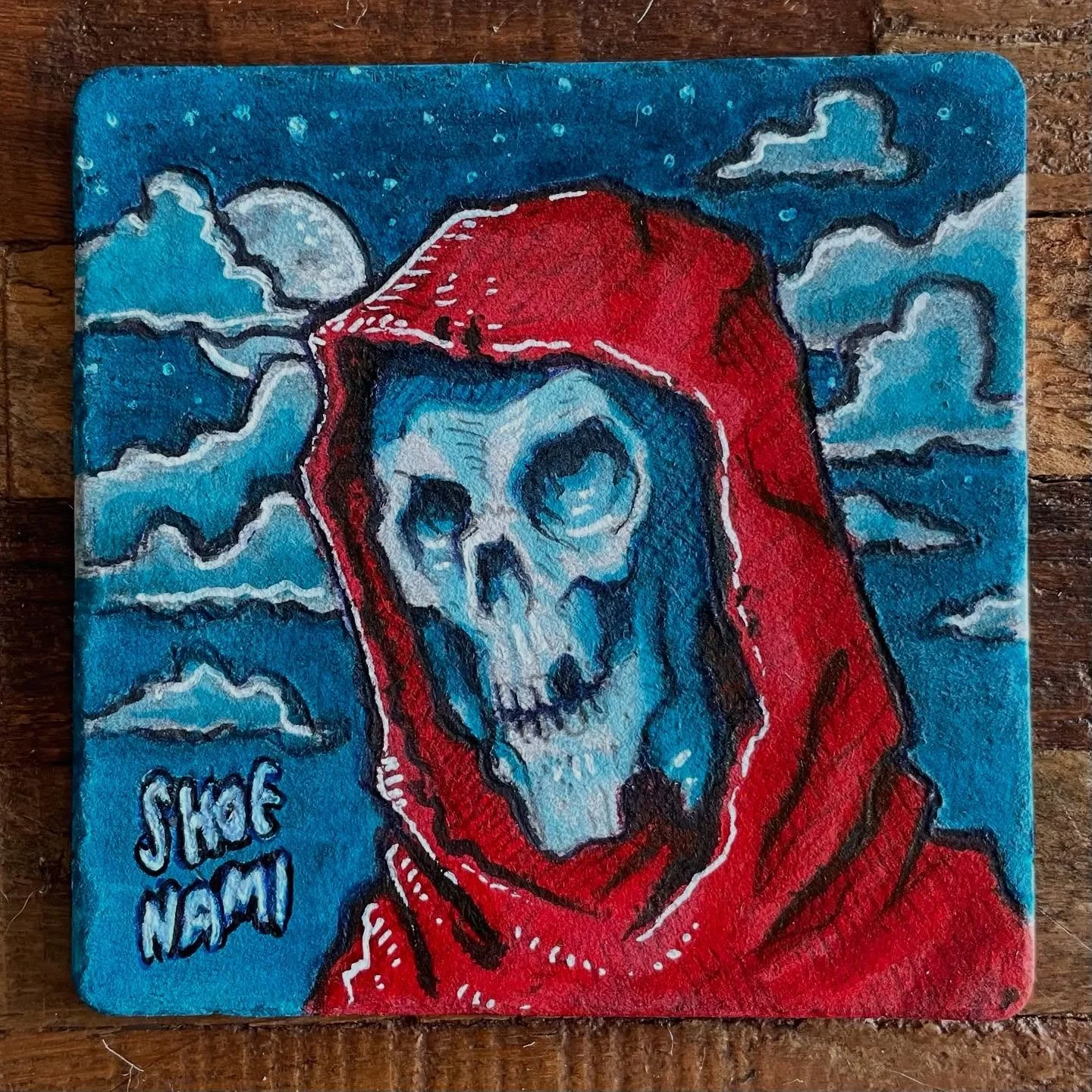 Haven&rsquo;t decorated a beer coaster in a minute. #inkdrawing #skullart #grimreaper