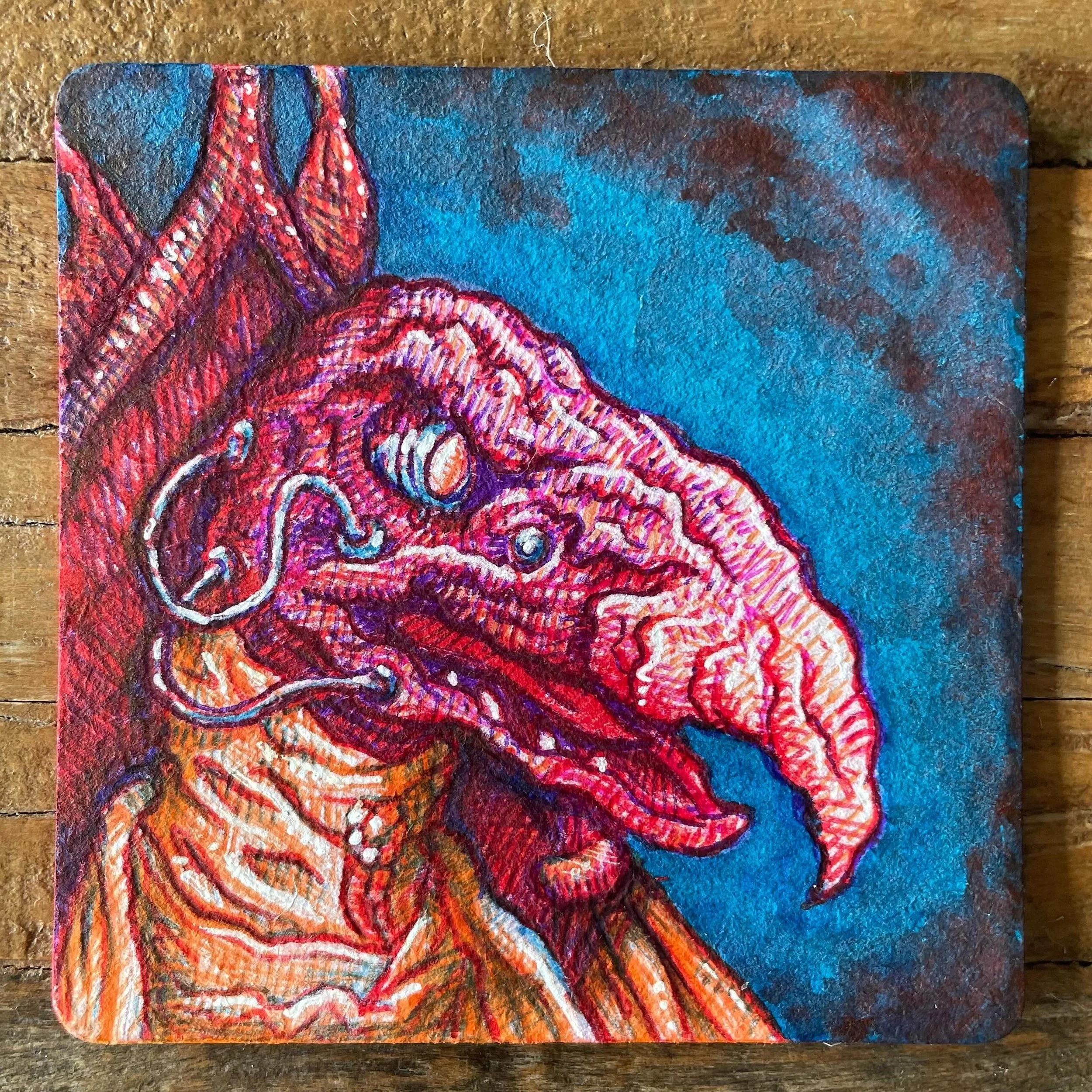 Skeksis!!! Specifically SkekTek the scientist. Ball point pen and ink on coaster #skeksis #skektek #darkcrystal