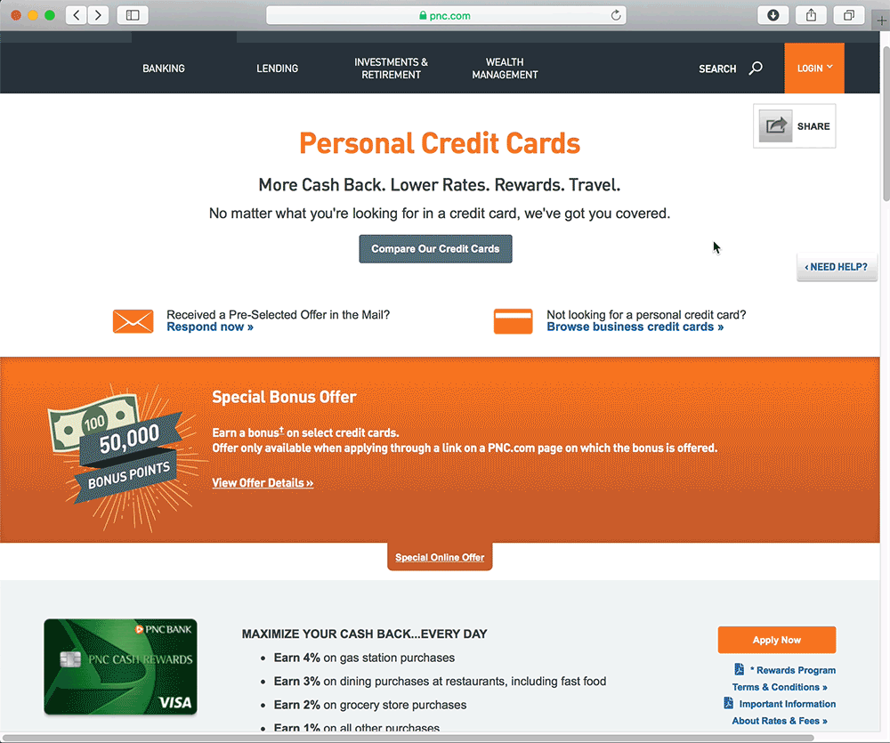 Clicking on “Compare our Credit Cards” leads straight to a crowded comparison, and users cannot choose which products they’d like to compare.