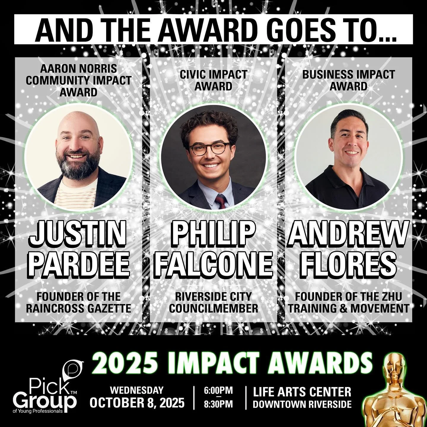 🌟 Riverside, it&rsquo;s time to celebrate! 🌟
Meet your 2025 Impact Award Honorees 🎉

🏆 Aaron Norris Community Impact &ndash; @justinprd, @theraincrossgazette 📰 bringing local news back to Riverside

🏆 Civic Impact &ndash; @philipjfalcone 🌟 lea