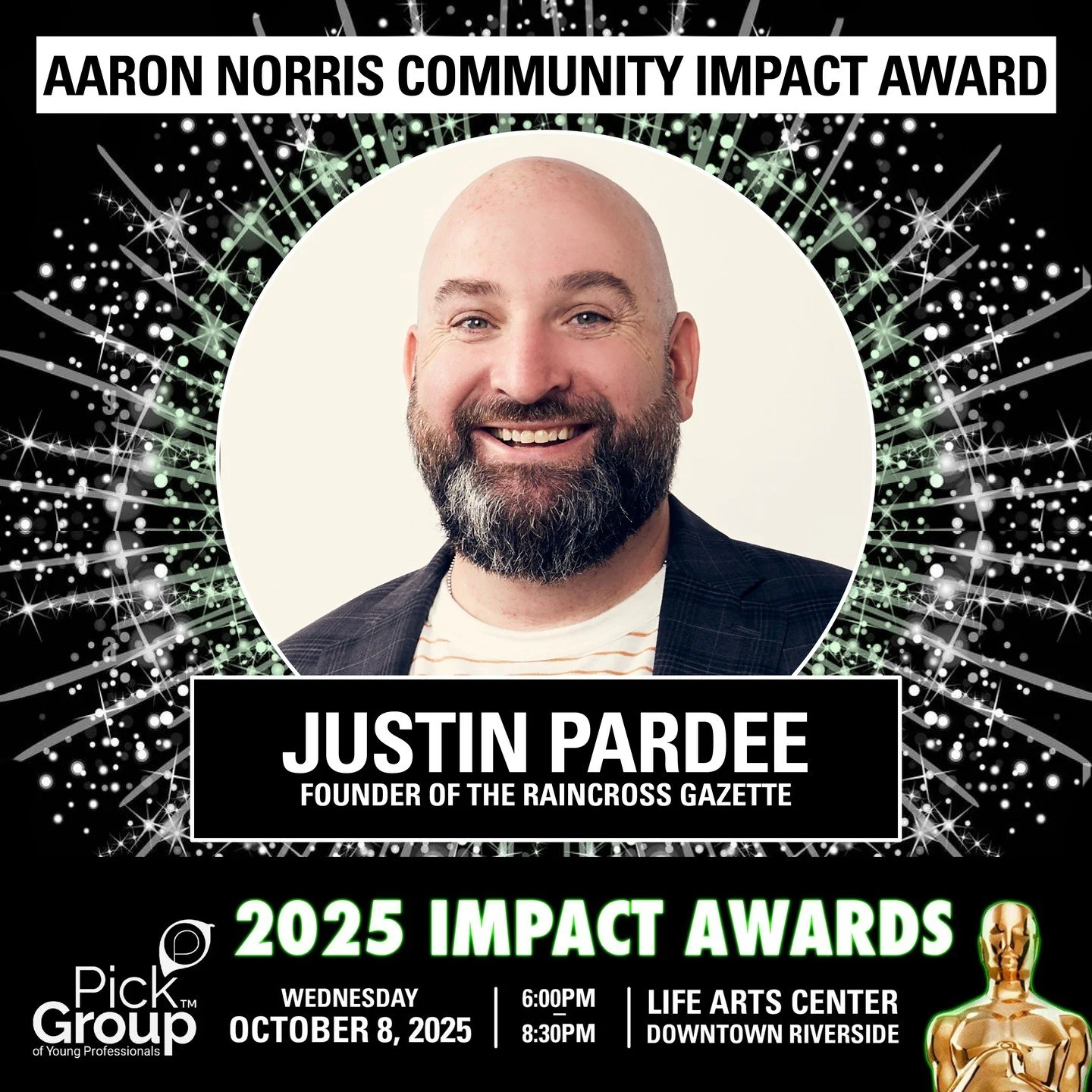 🌟 Meet our Aaron Norris Community Impact Award honoree: Justin Pardee, Founder &amp; Publisher of The @theraincrossgazette!

What began in 2021 with just 89 subscribers has grown into a thriving newsroom of over 12,000 readers daily, delivering free