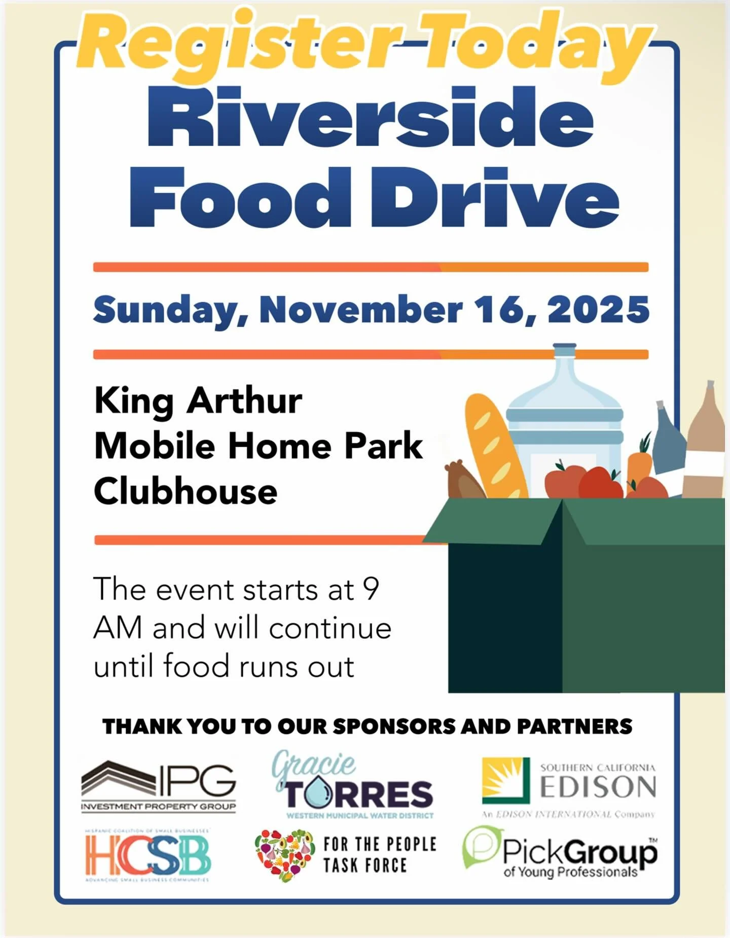 Join us for the Riverside Food Drive as we work to provide essential groceries to local families right before the holidays! We need your hands, your time, and your heart to make this effort a success.
Sunday, November 16, 2025

King Arthur Mobile Hom