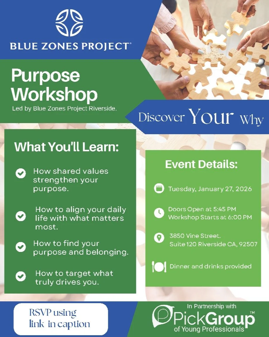 ✨ Pick Group is pleased to partner with Blue Zones Project Riverside (@bzpriverside) to bring you the ✨
Purpose Workshop

Find your purpose. Strengthen your belonging. Live better, longer.

Join us for a special, interactive workshop rooted in the Bl